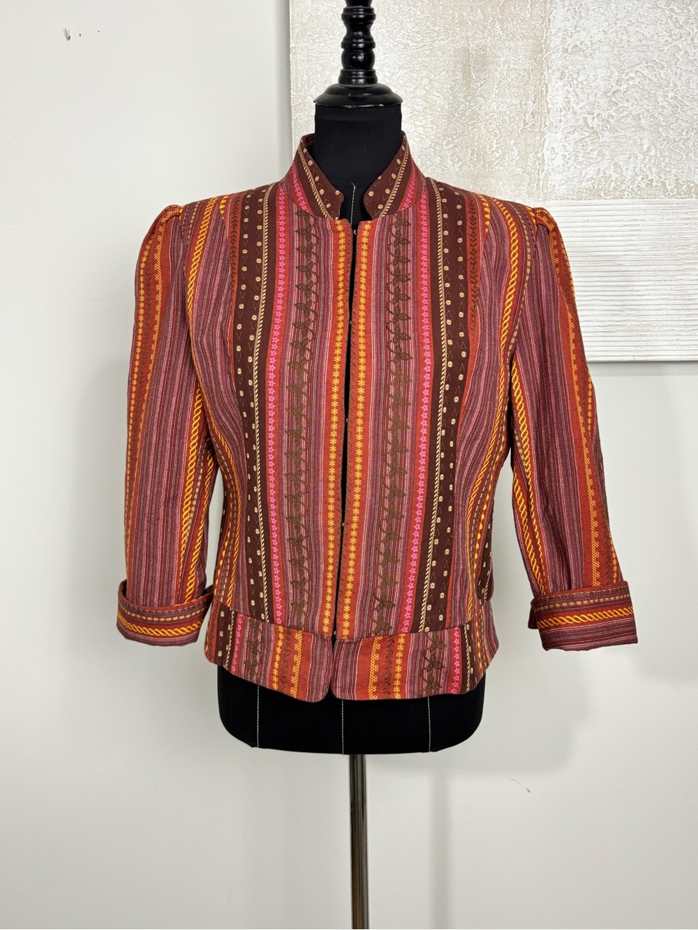 The Limited Women's Large  Striped Boho Embroidered Blazer Mock Neck 3/4 Sleeve